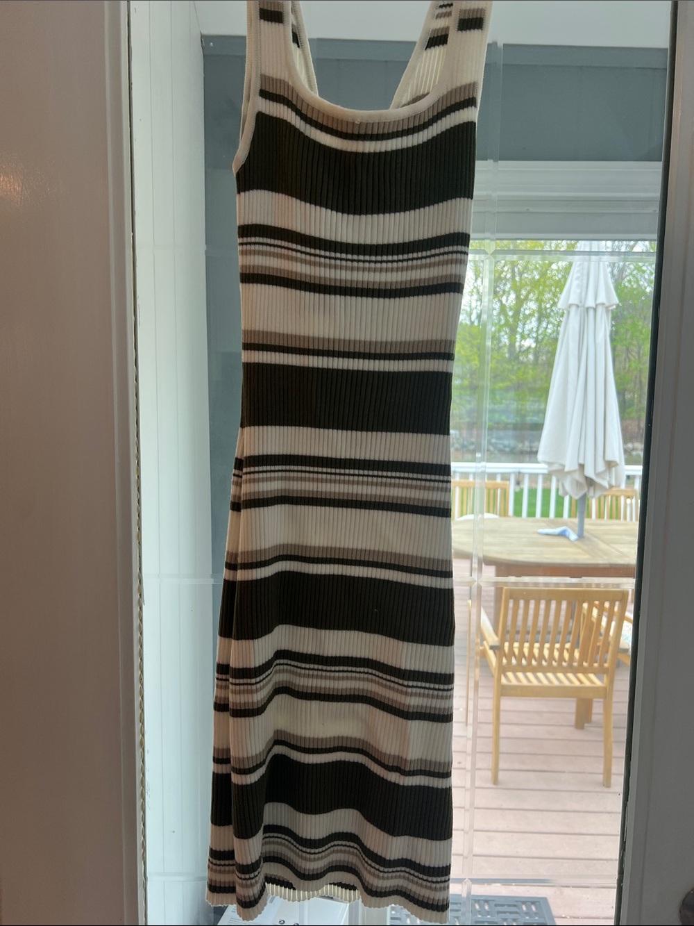 Sleeveless Ribbed Stripe MiniDress in Green Tan and White